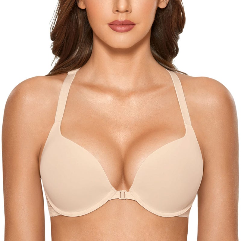 DOBREVA Women's Push Up Bra Racerback Front Closure Bras Plunge Underwire Tshirt Padded Lace Beige 34D - Image 1